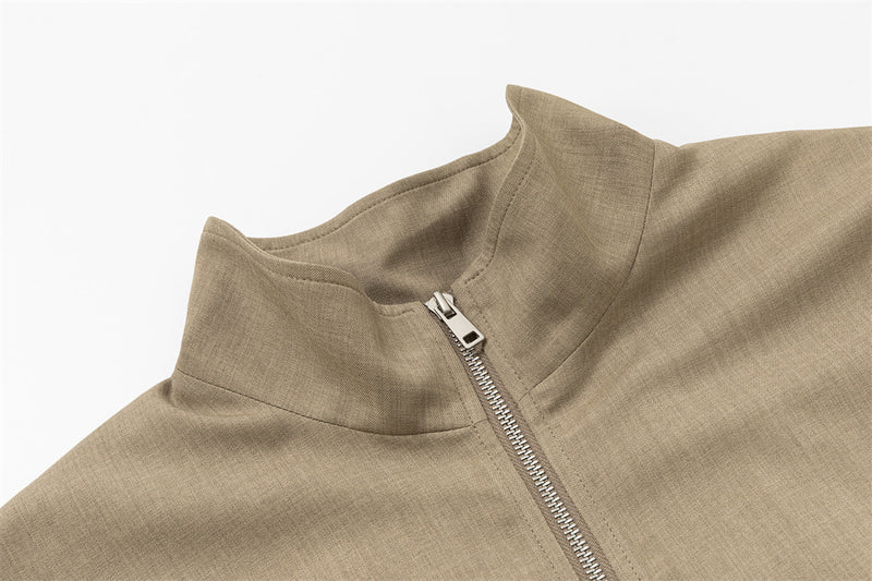 Stand Collar Zip Jacket with Pleated Back & Drawstring Hem — Men's Relaxed Fit