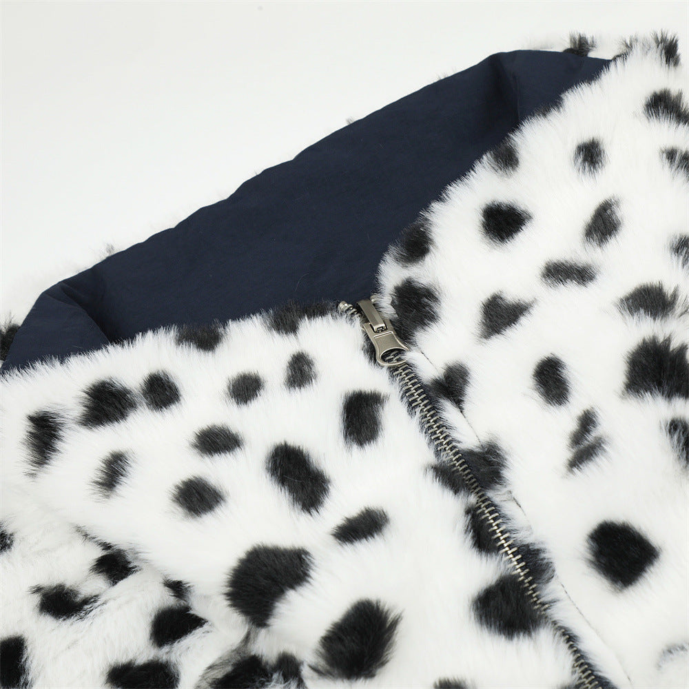 Reversible Stand-Collar Jacket Men's Dalmatian Faux Fur & Nylon Oversized Bomber