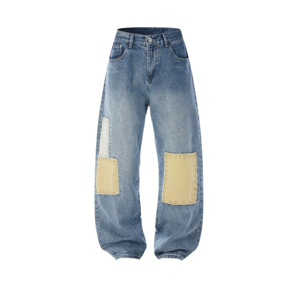 Men's Patchwork Wide-Leg Jeans – Straight Fit Streetwear Denim with Contrast