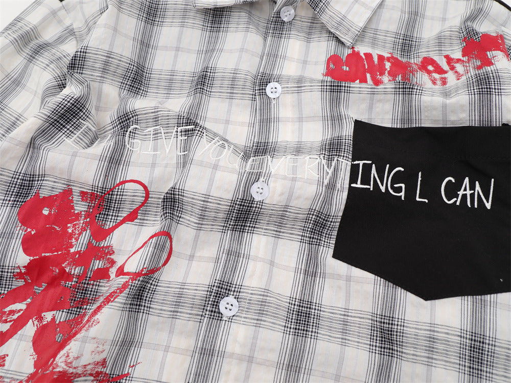 Camisa informal de botones para hombre – Estampado de graffiti a cuadros, estilo punk urbano de manga larga
