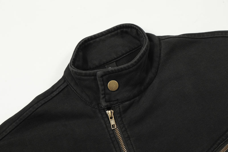 Jacke im Moto-Stil – Verwaschenes Distressed-Schwarz mit goldfarbenen Details