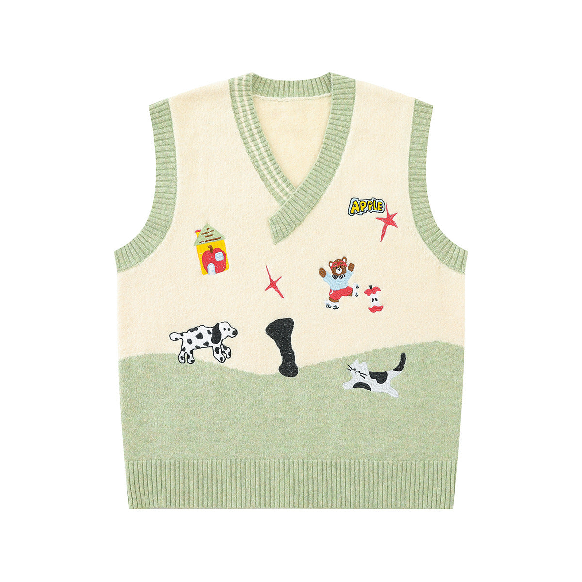 Cartoon embroidered V-neck colorblock knit sweater vest in sage green with Dalmatian, bear, and cat motifs on cream and green