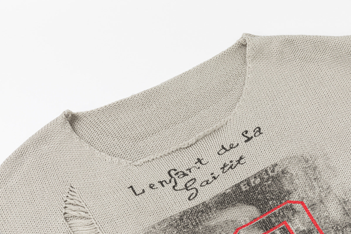 Pull à col rond graphique effet usé – Maille streetwear vintage américaine