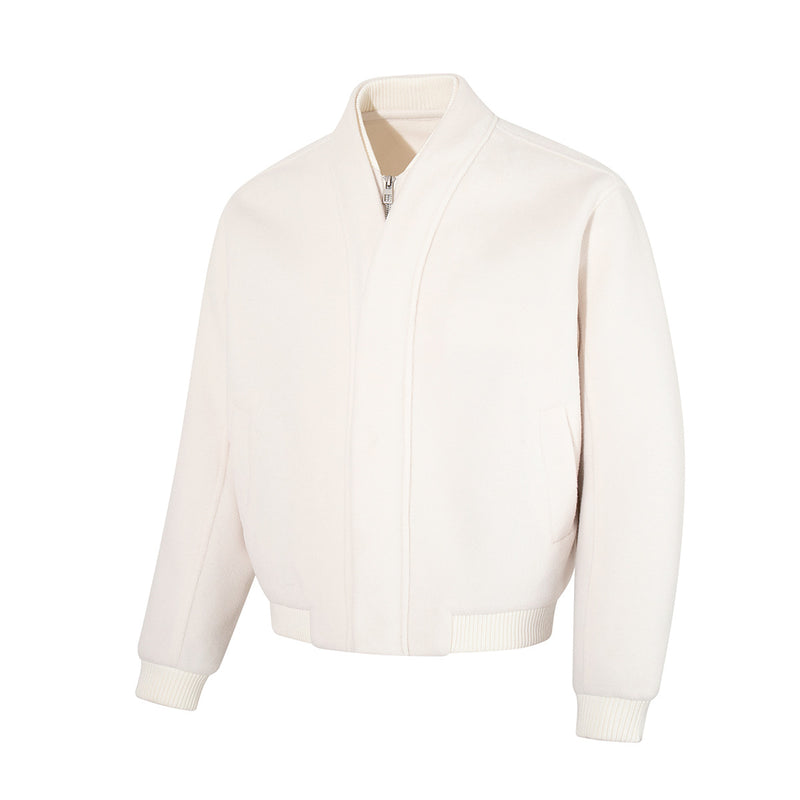 Wool Blend Bomber Jacket – Double-Layer Collar, Zip-Up Men's Coat