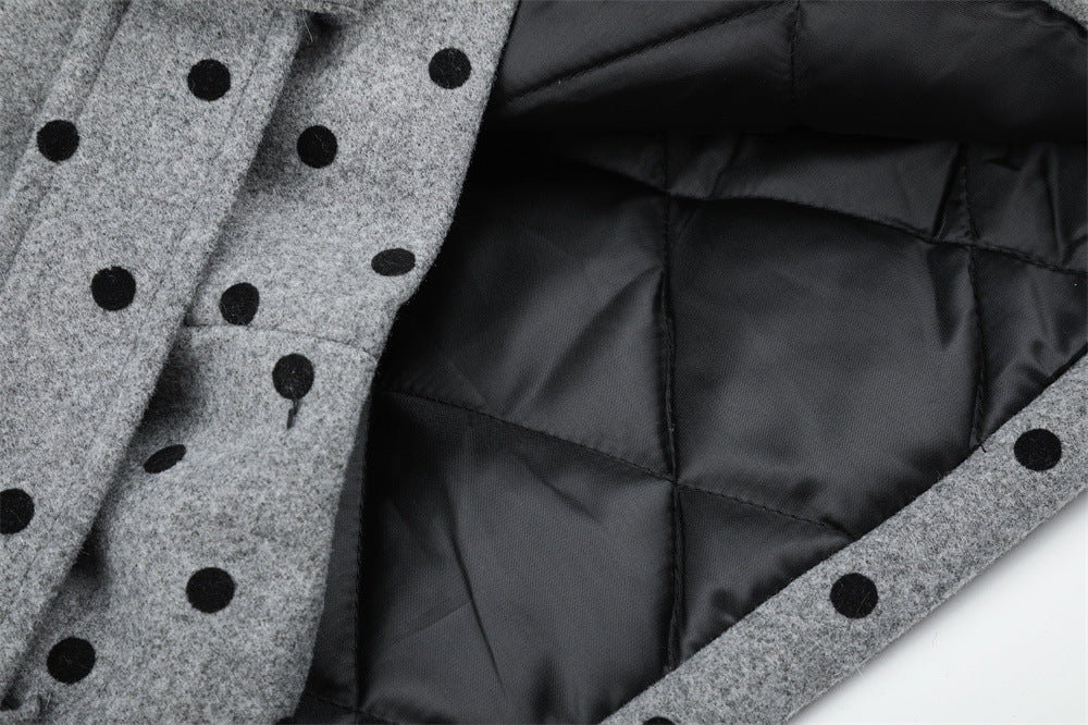 Polka Dot Wool-Blend Jacket Men – Fur Collar, Padded, Stand Collar with Belt