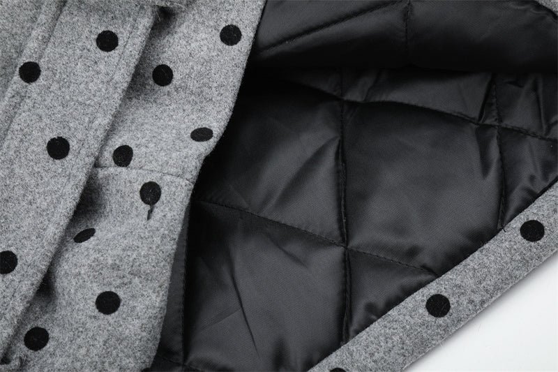 Polka Dot Wool-Blend Jacket Men – Fur Collar, Padded, Stand Collar with Belt