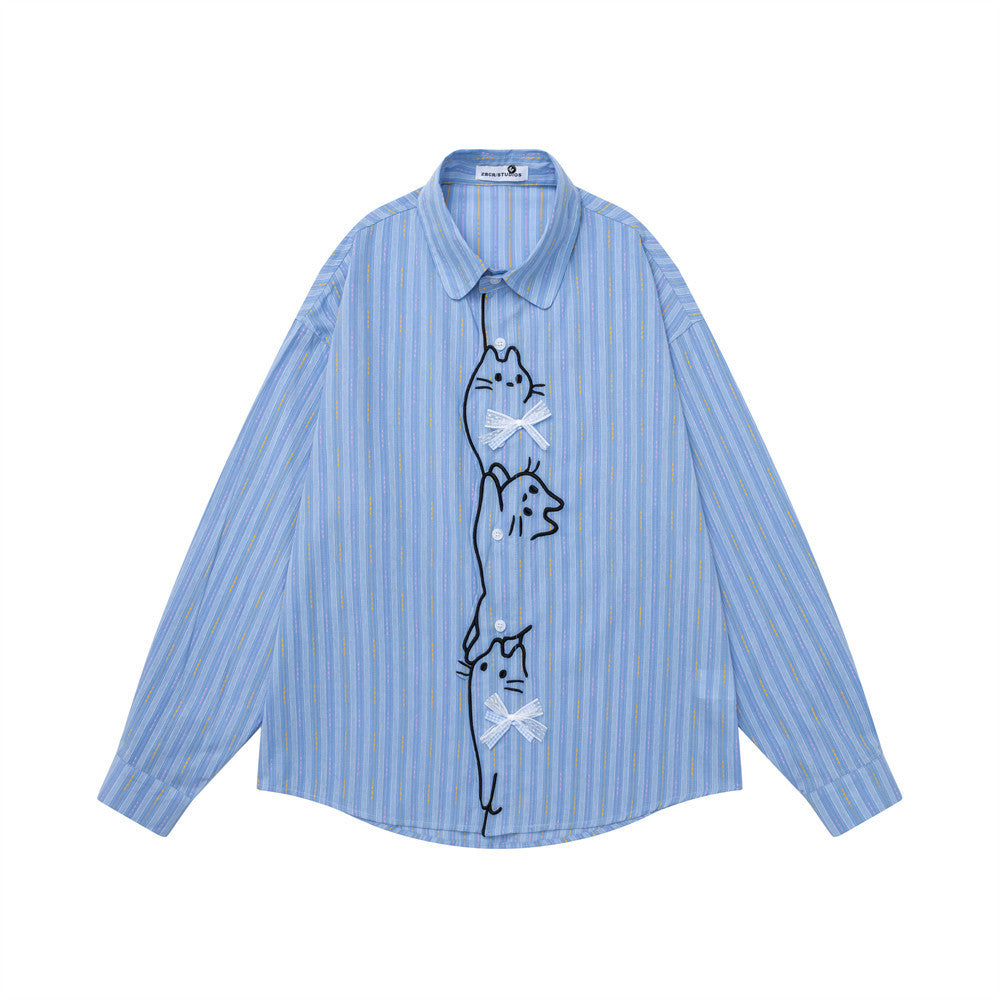 Camisa oversize de rayas con bordado de gato cartoon y detalles de lazos