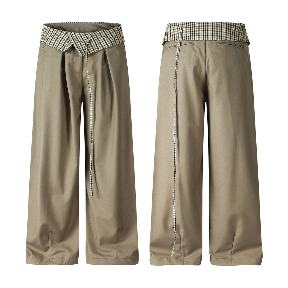 Men's wide-leg khaki trousers with black-and-white gingham fold-over waistband and drawstring front detail, front and back vi