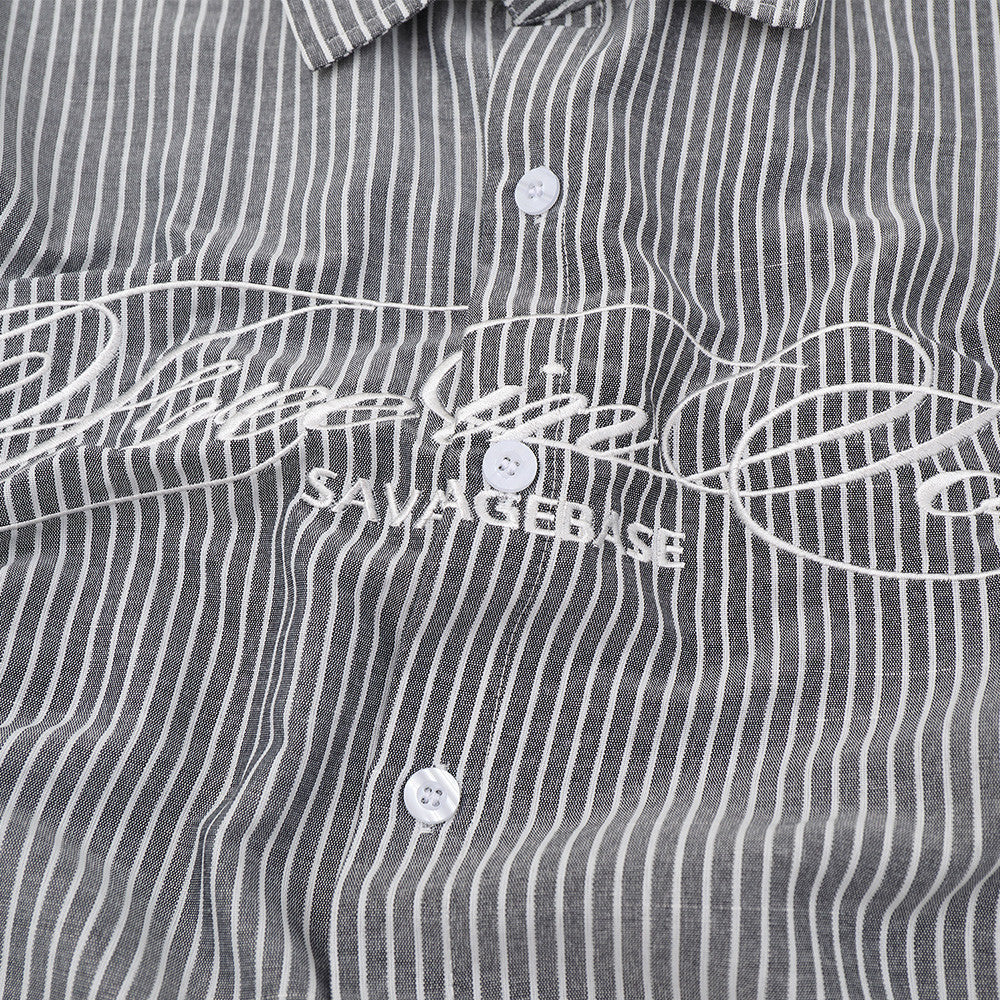 Striped Long-Sleeve Shirt with Cursive Logo Embroidery — Oversized Fit