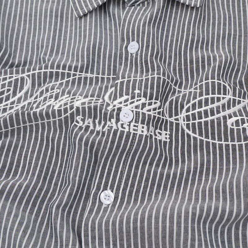 Striped Long-Sleeve Shirt with Cursive Logo Embroidery — Oversized Fit