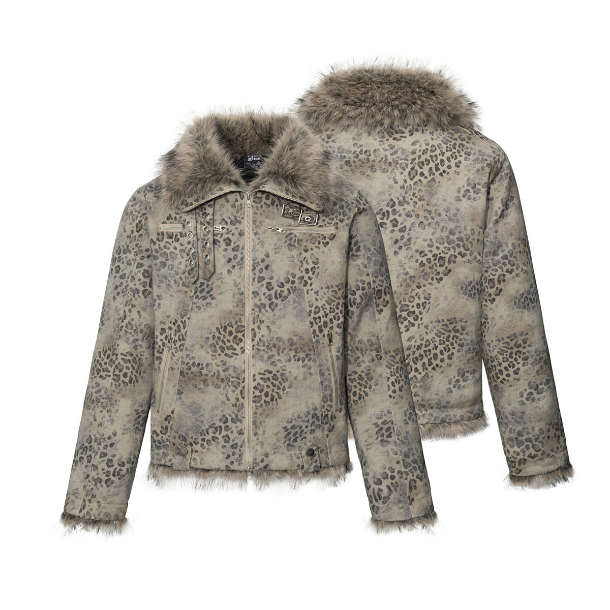 Men's Leopard Print Padded Jacket with Faux Fur Collar & Trim
