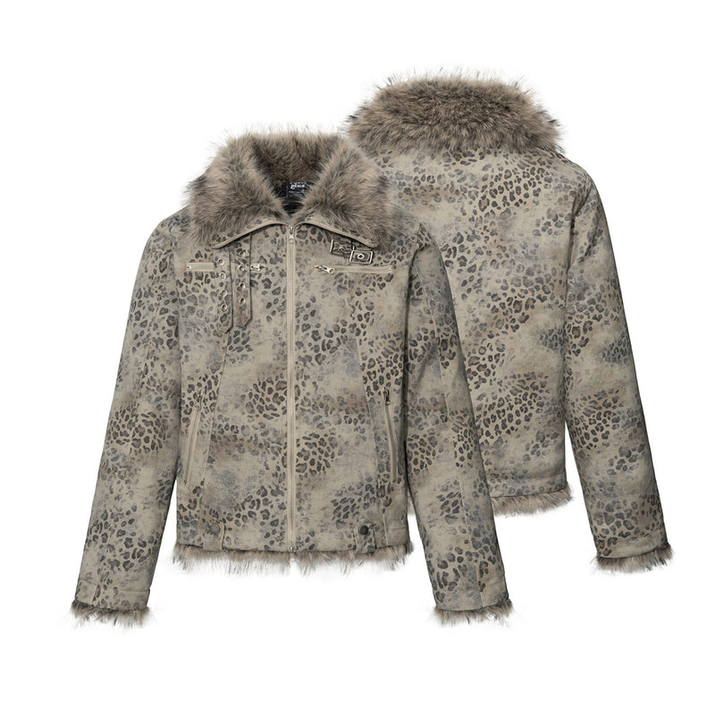 Men's Leopard Print Padded Jacket with Faux Fur Collar & Trim