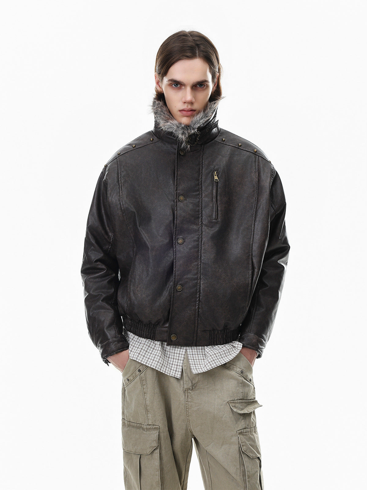 Men's oversized distressed faux leather bomber jacket with grey faux-fur collar, snap-button front, and ribbed elastic hem
