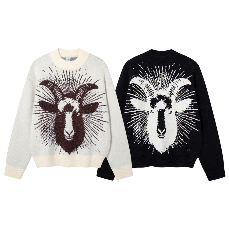 Ram Jacquard Crew Neck Knit Sweater – Oversized Streetwear Pullover