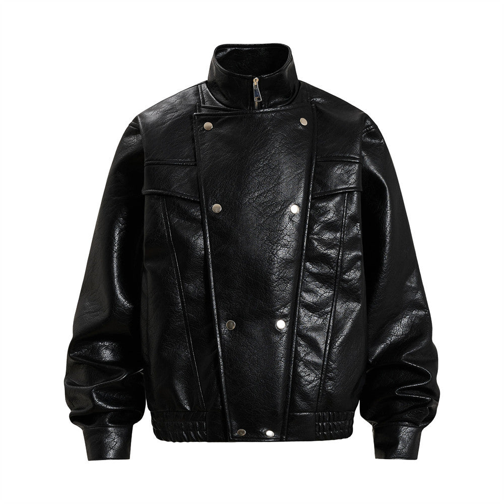 Men's oversized black PU leather bomber jacket with stand collar, double-breasted snap button closure and raised chest seam p