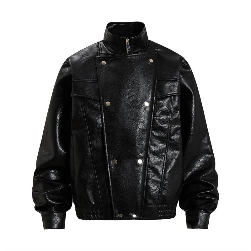 Men's oversized black PU leather bomber jacket with stand collar, double-breasted snap button closure and raised chest seam p