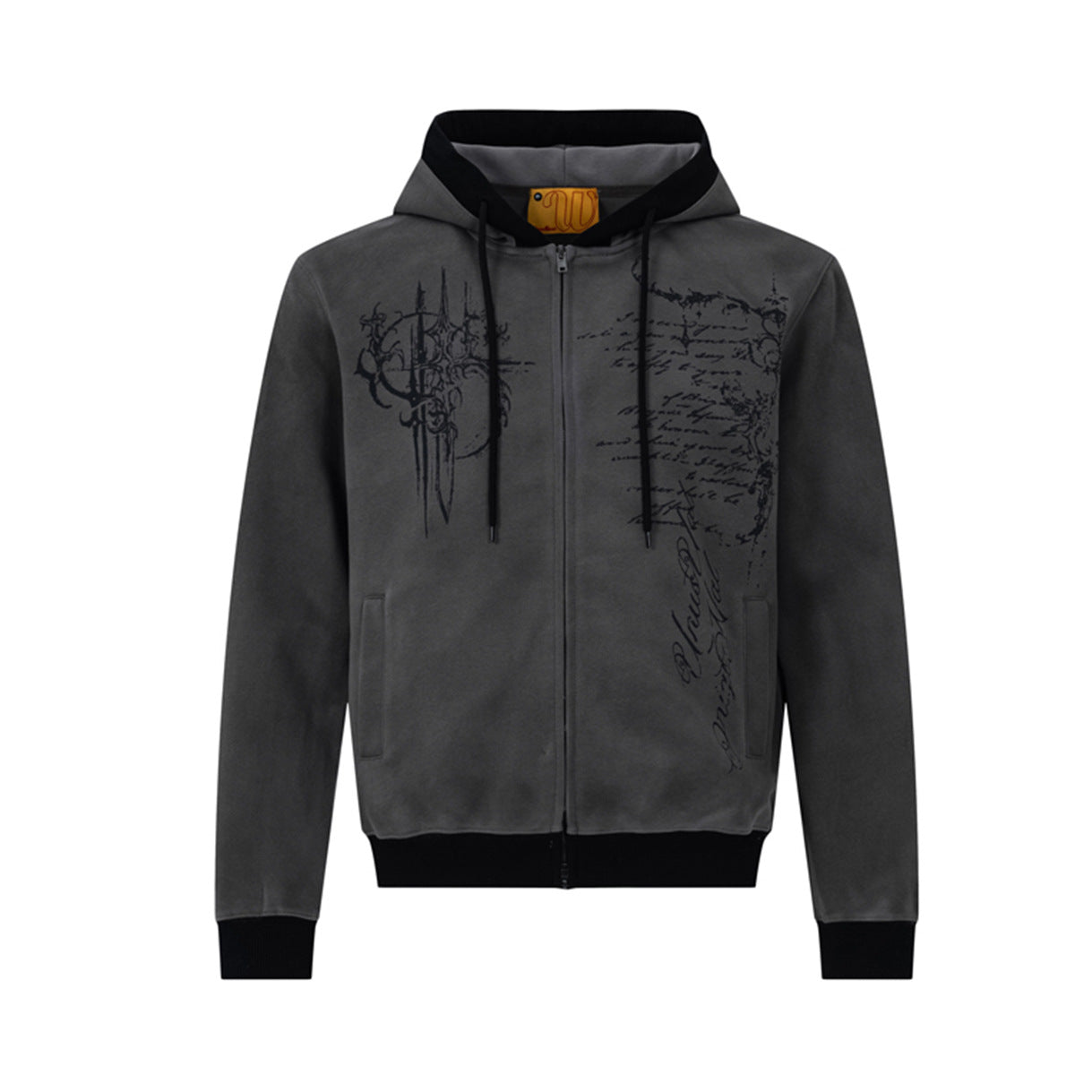Hoodie mit Gothic-Schriftzug und Reißverschluss – Gewaschener Vintage-Dark-Style