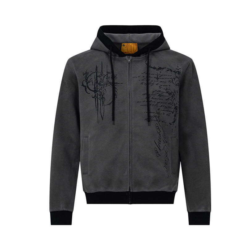 Hoodie mit Gothic-Schriftzug und Reißverschluss – Gewaschener Vintage-Dark-Style