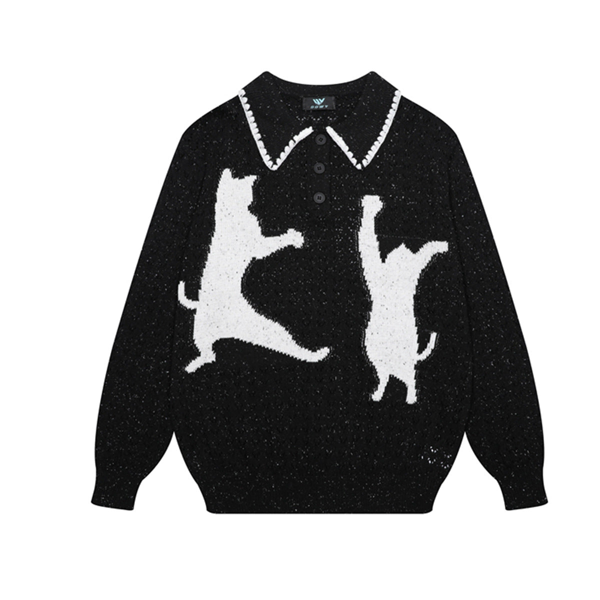 Cat Jacquard Polo Collar Openwork Knit Sweater – Unisex Korean Style