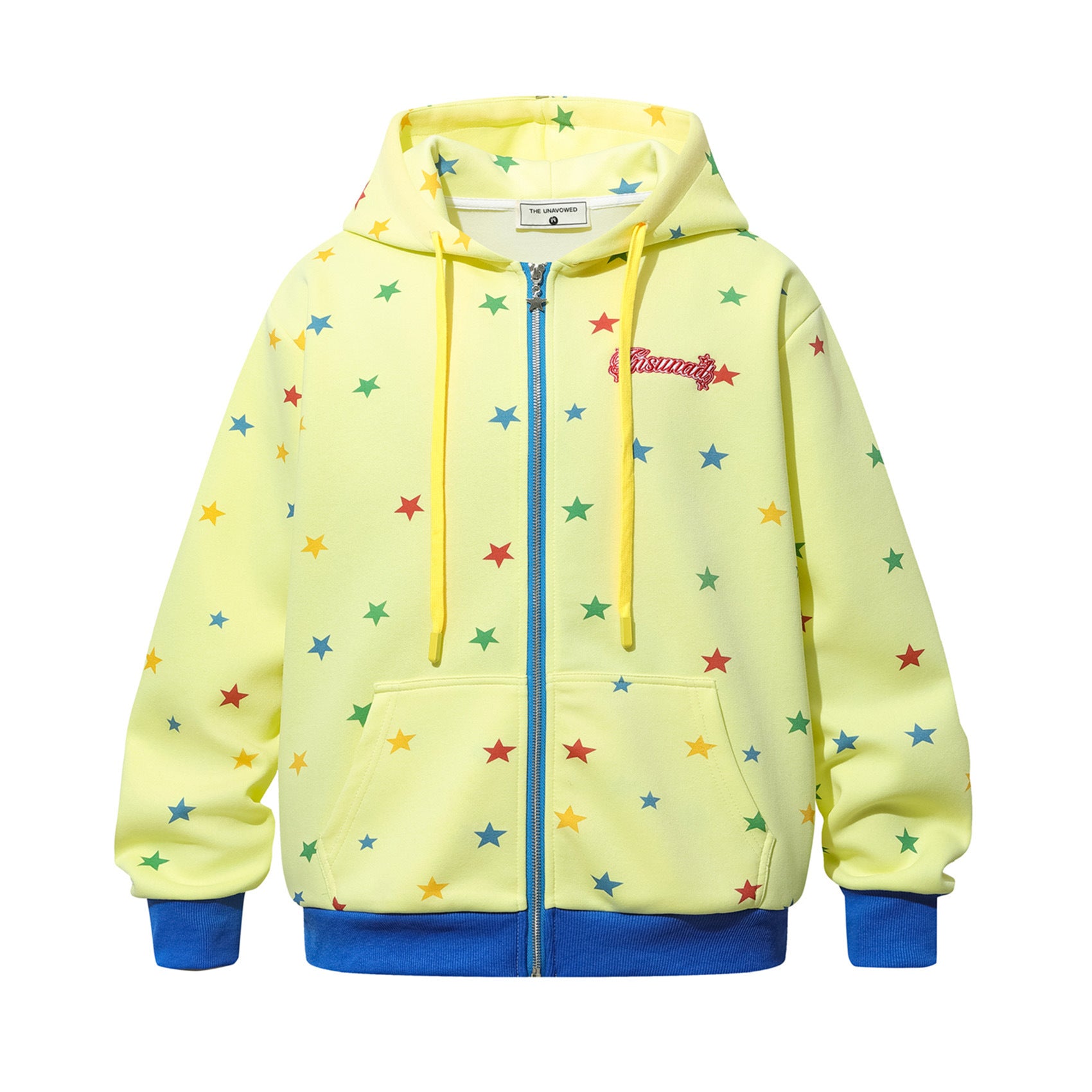 Hoodie mit Allover-Regenbogen-Sternenprint, Reißverschluss und kontrastierenden blauen Details