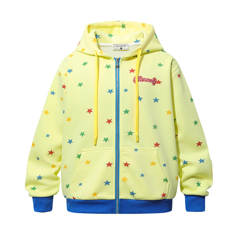 Hoodie mit Allover-Regenbogen-Sternenprint, Reißverschluss und kontrastierenden blauen Details