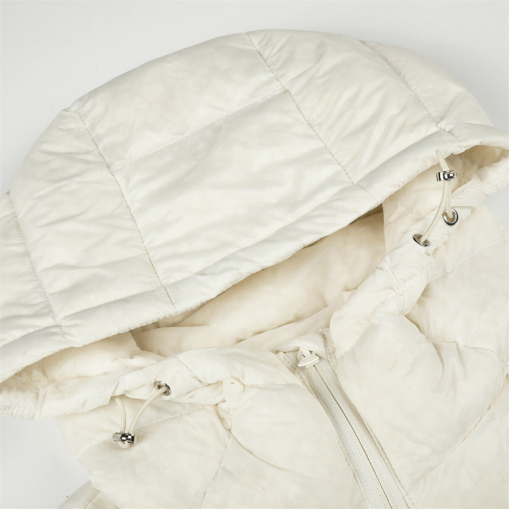 Men's Hooded Puffer Jacket – Irregular Quilted Stitch Design, Ivory & Black