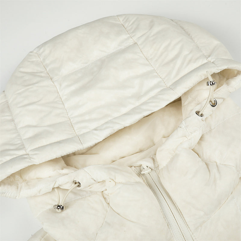 Men's Hooded Puffer Jacket – Irregular Quilted Stitch Design, Ivory & Black
