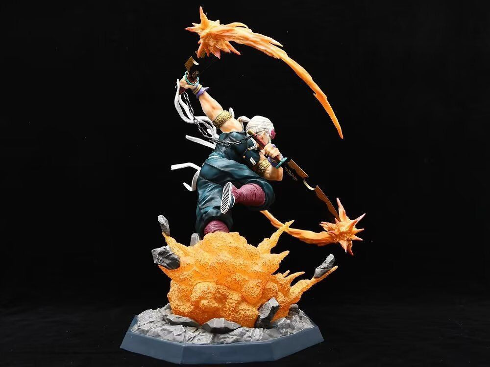 Explore the Premium Demon Slayer Urogi Figure, a dynamic 37cm GK model showcasing a white-haired character with fiery swords. Mid-air above an explosive effect, it features dark attire and bandaged arms. The rocky base is accentuated by USB light-up orange bursts for enhanced visual impact.