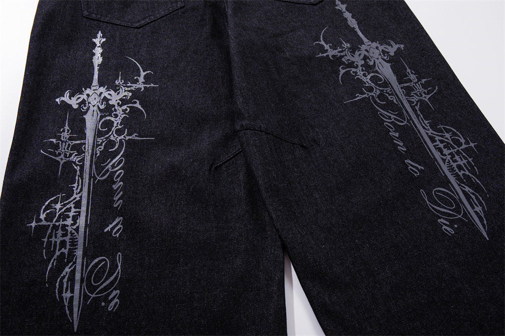 Wide-Leg Jeans – Gothic Cross & Sword Print Black Denim, Baggy High-Street Fit