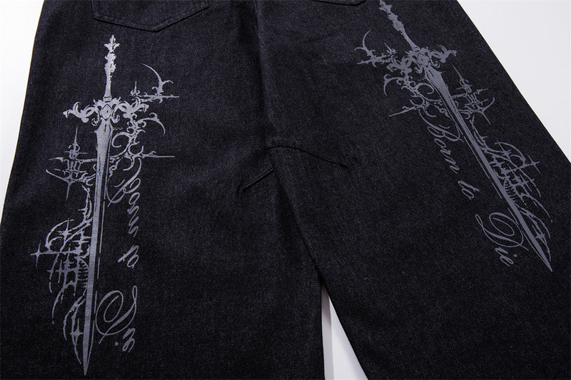 Wide-Leg Jeans – Gothic Cross & Sword Print Black Denim, Baggy High-Street Fit
