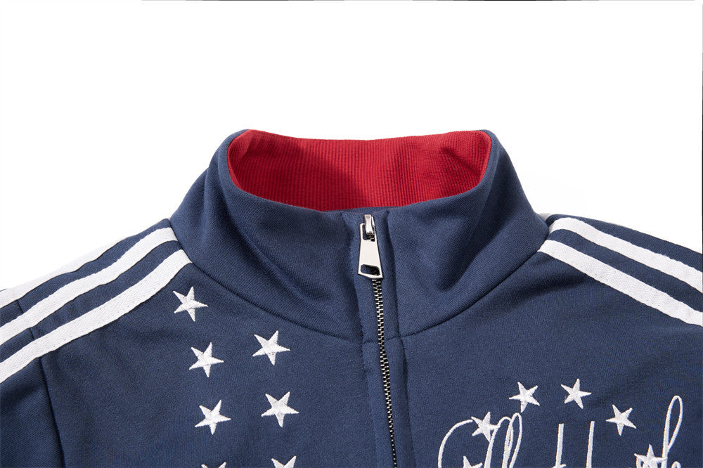 Embroidered Bomber Jacket Mens Star Print Track Jacket with Stripe Sleeves