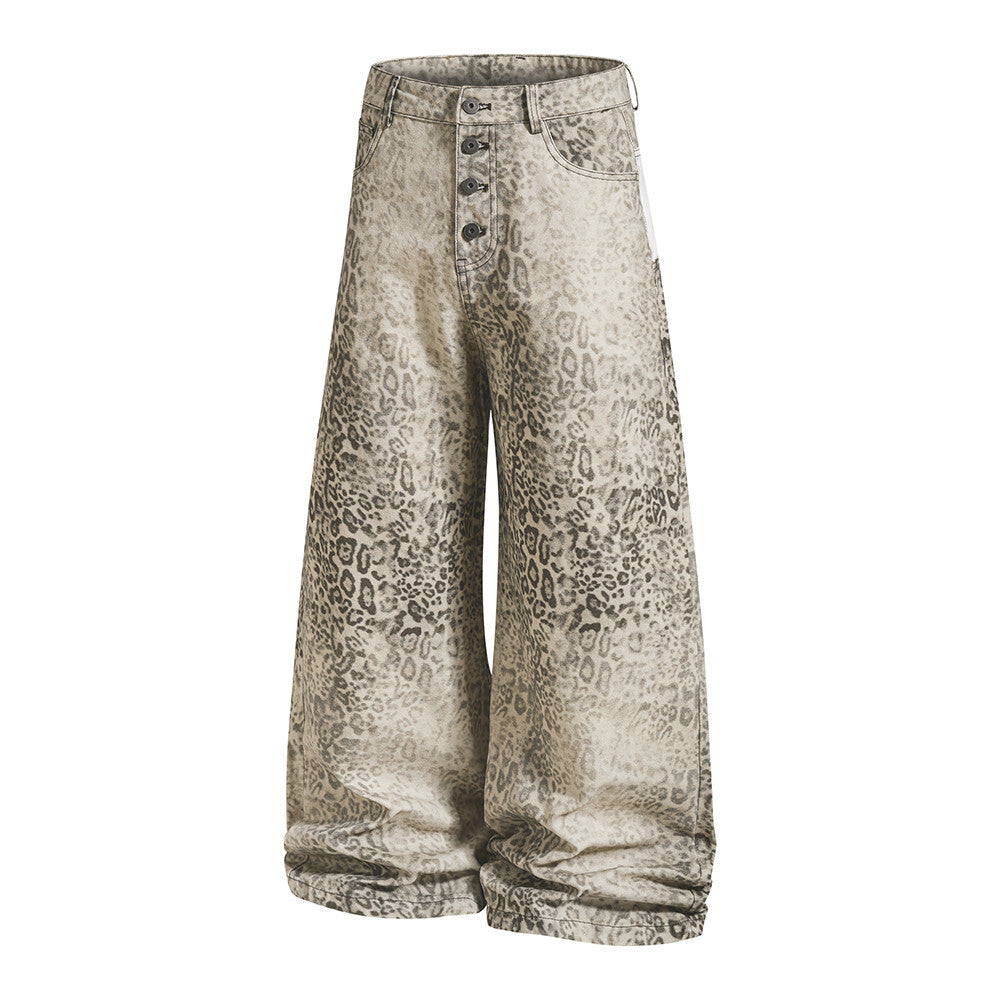 Wide-Leg Leopard Print Jeans – Baggy Fit Punk Streetwear Pants for Men