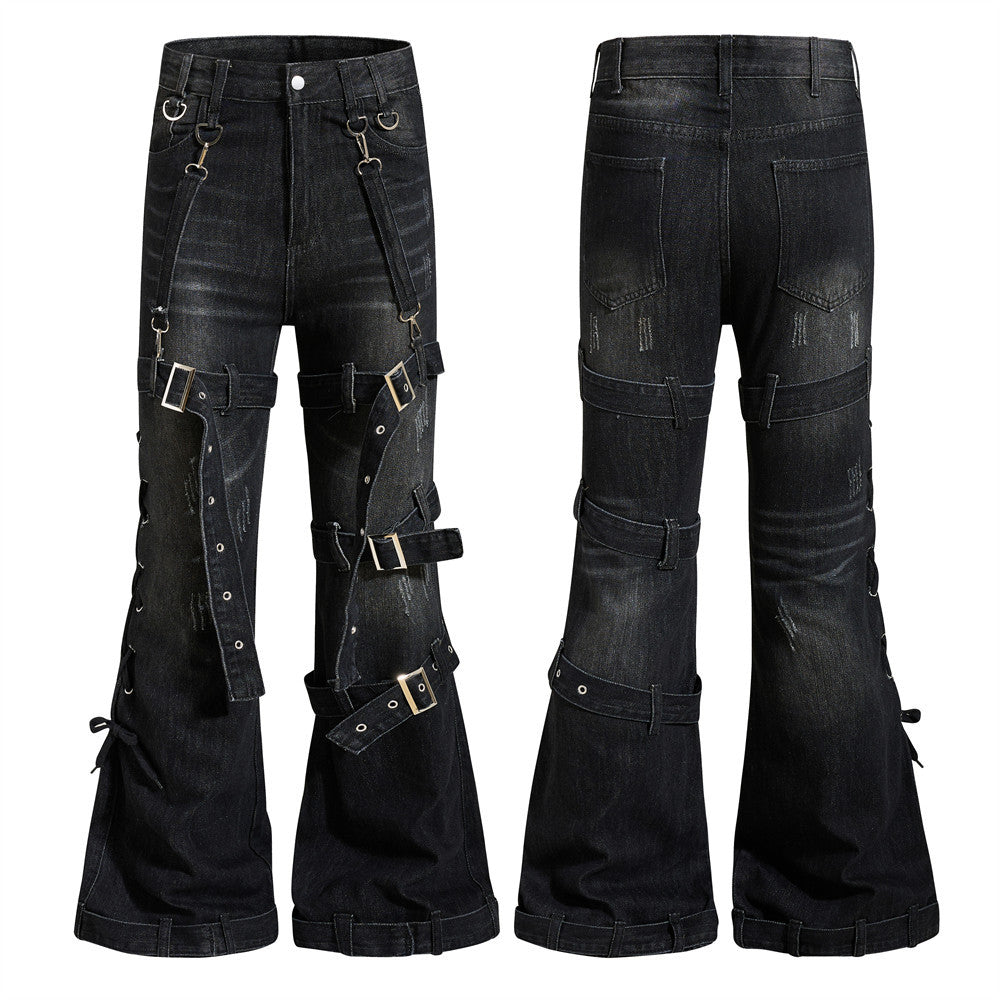 Gothic Buckle Strap Flare Jeans – Men's Washed Black Distressed Denim
