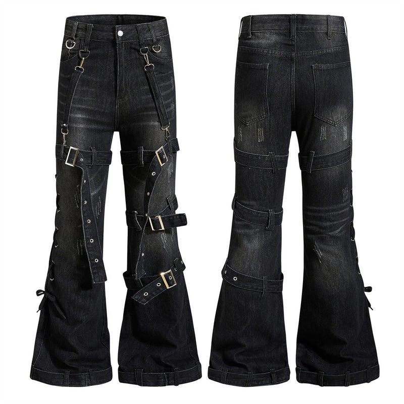 Gothic Buckle Strap Flare Jeans – Men's Washed Black Distressed Denim