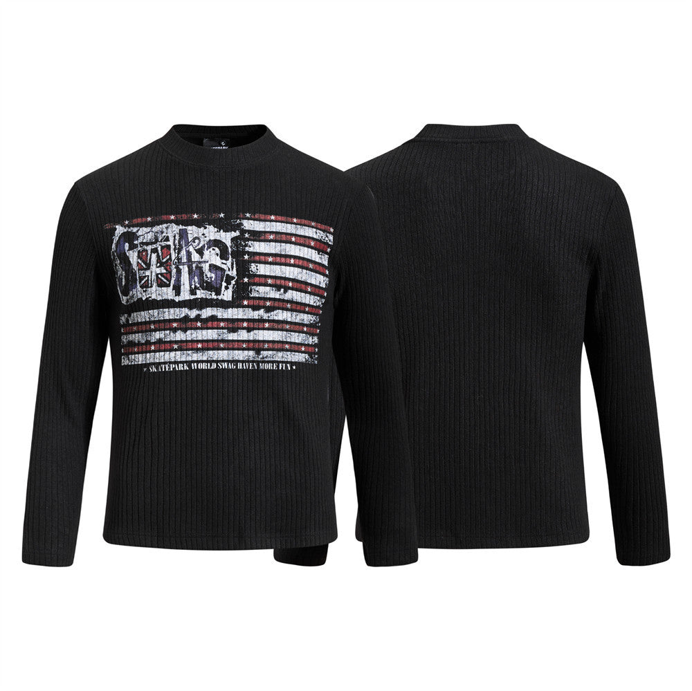 Men's Black Ribbed Long-Sleeve Sweatshirt with Distressed American Flag Graphic