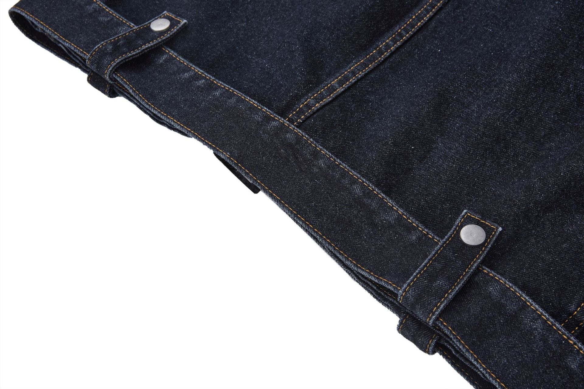 Veste biker moto en denim – Col montant indigo foncé, poches zippées et base ceinturée