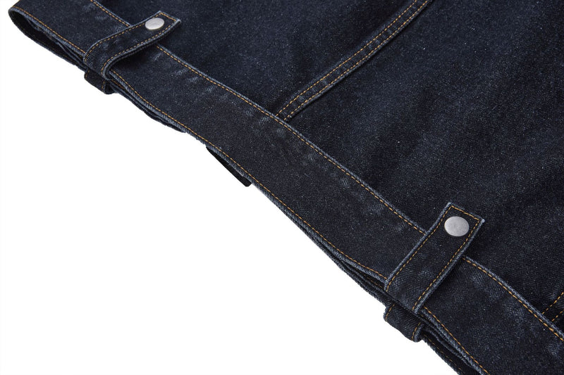 Veste biker moto en denim – Col montant indigo foncé, poches zippées et base ceinturée
