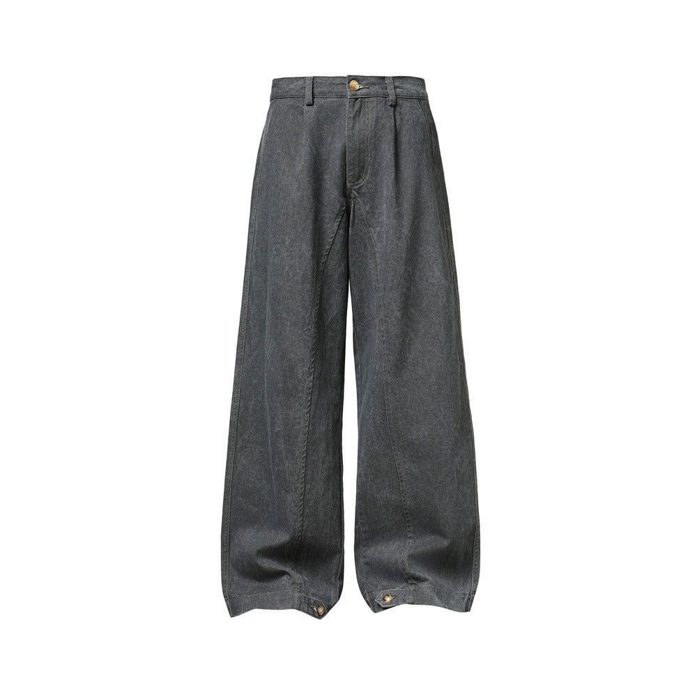 Wide-Leg Washed Denim Jeans – Relaxed High-Street Pleated Trousers
