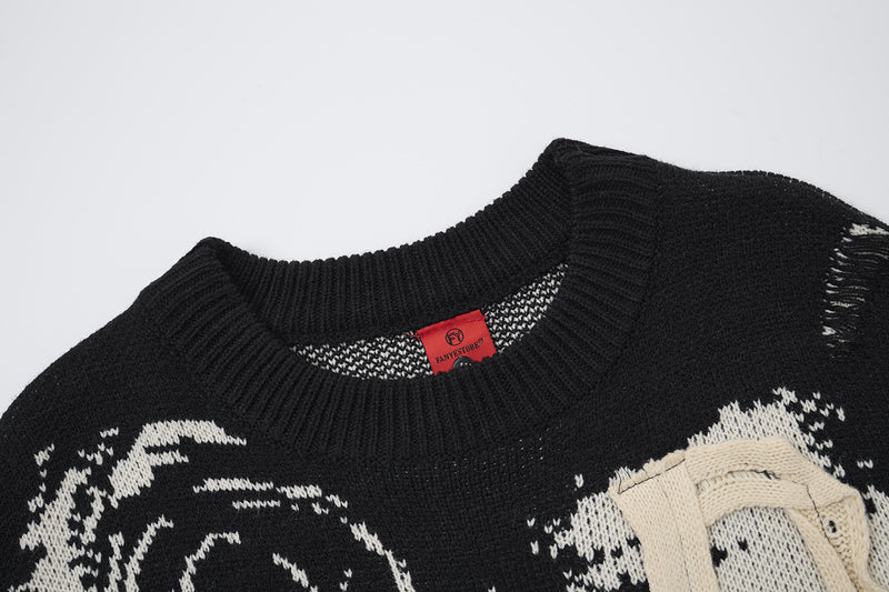 Pull en maille graphique effet usé – Col rond streetwear américain avec appliqué