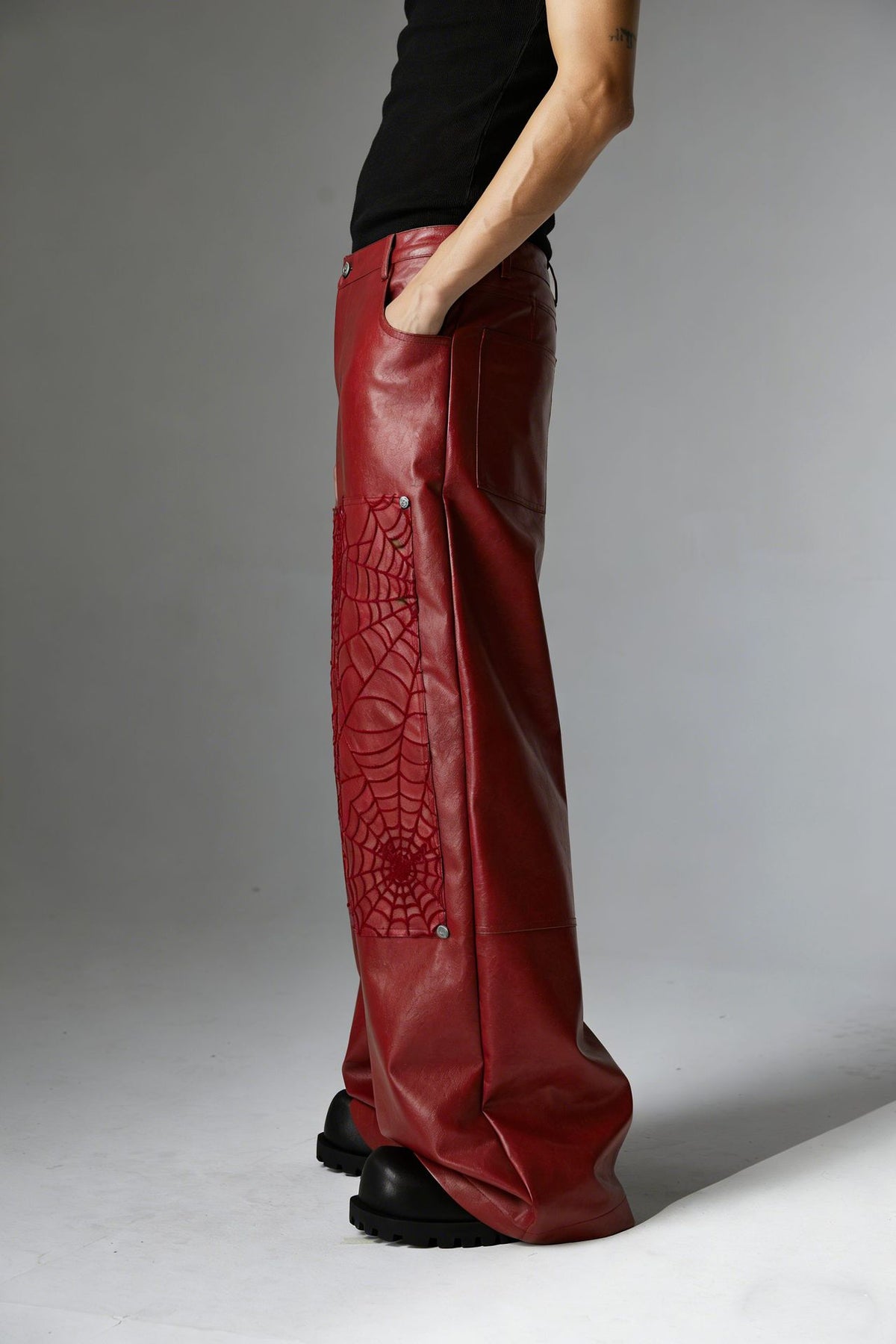 Wide-Leg Faux Leather Pants with Spiderweb Embossed Panels