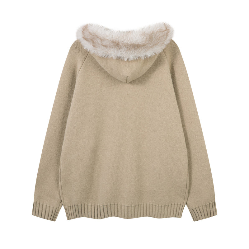 Fur-Trim Hooded Zip-Up Knit Cardigan Jacket