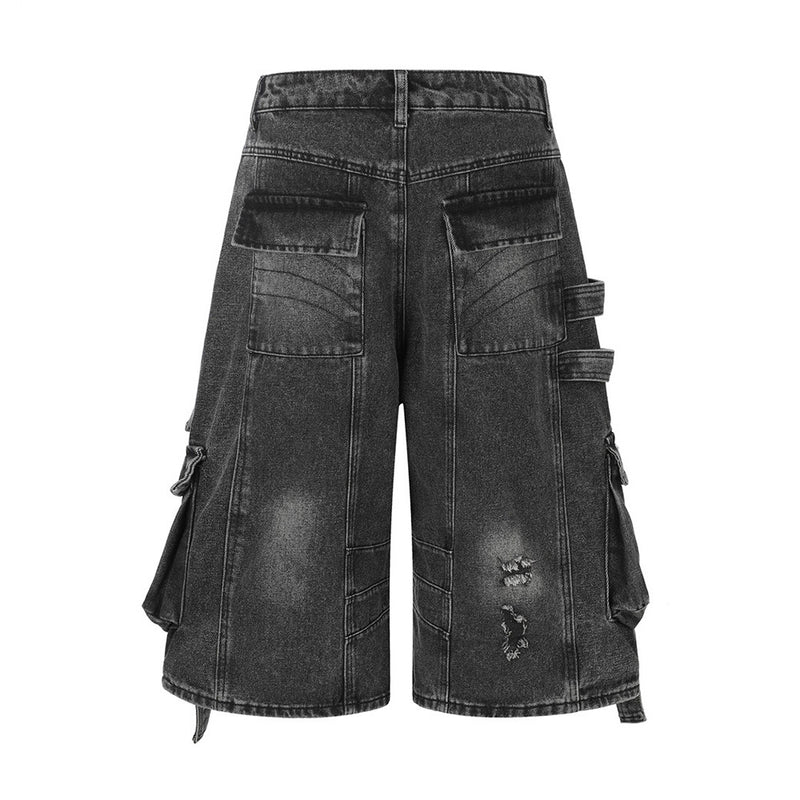 Deconstructed Cargo Denim Shorts – Multi-Pocket Punk Distressed Wide Leg
