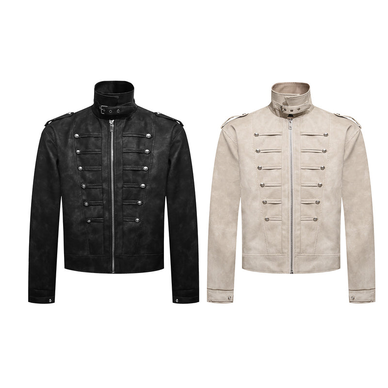 Military-Style Faux Leather Jacket – Punk Band Collar with Decorative Buttons