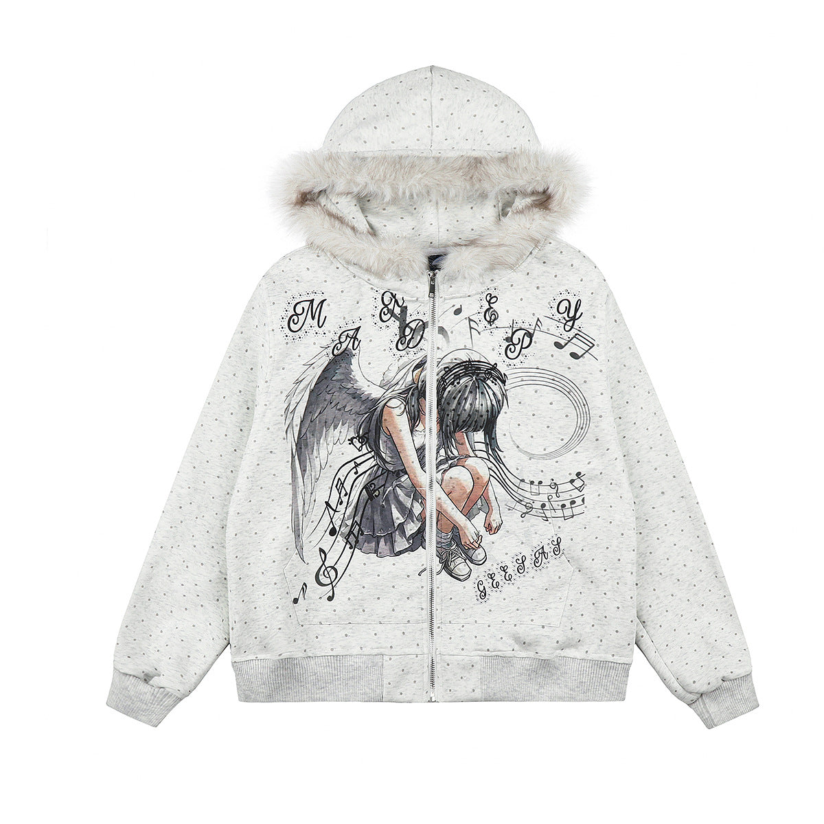 Sweat à capuche zippé gris chiné avec imprimé graphique d’une fille ange anime et de notes de musique, capuche bordée de fausse fourrure, vue de face