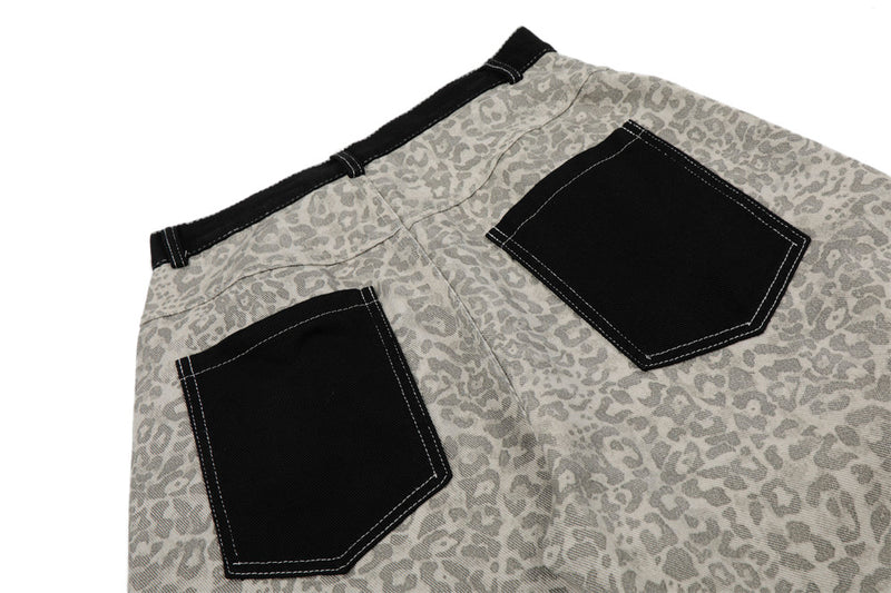 Retro Leopard Print Wide-Leg Baggy Jeans with Contrast Stripe & Pocket Detail