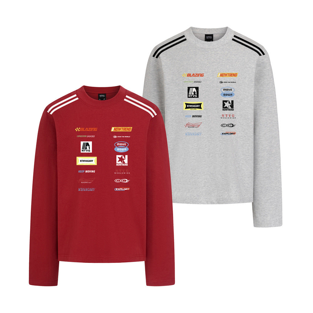 Racing Logo Print Long Sleeve T-Shirt – Relaxed Fit Crewneck with Stripe