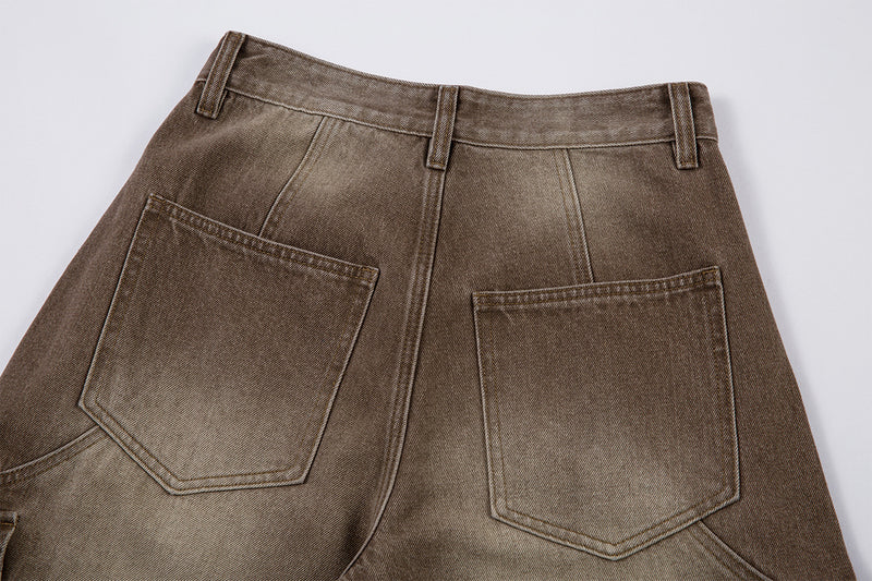 Jean cargo baggy taille haute – Denim marron délavé à jambes larges et coutures courbes