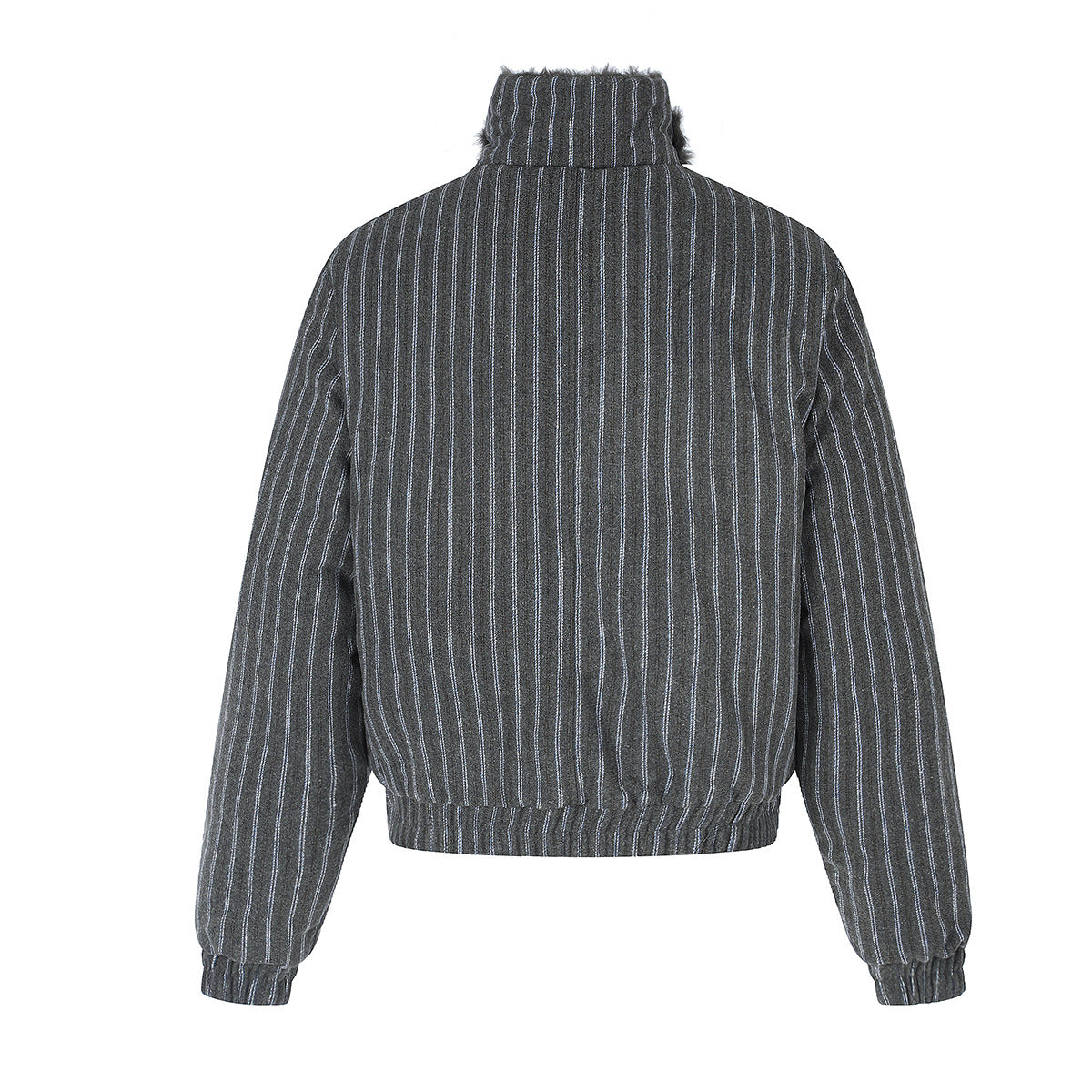Pinstripe Zip-Up Bomber Jacket with Sherpa Collar & Pocket Trim