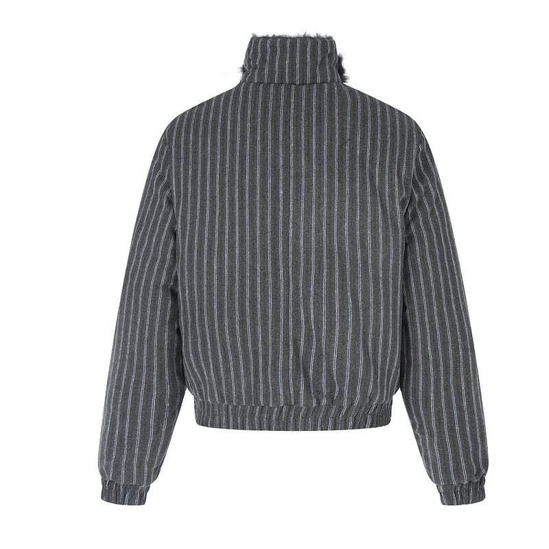 Pinstripe Zip-Up Bomber Jacket with Sherpa Collar & Pocket Trim