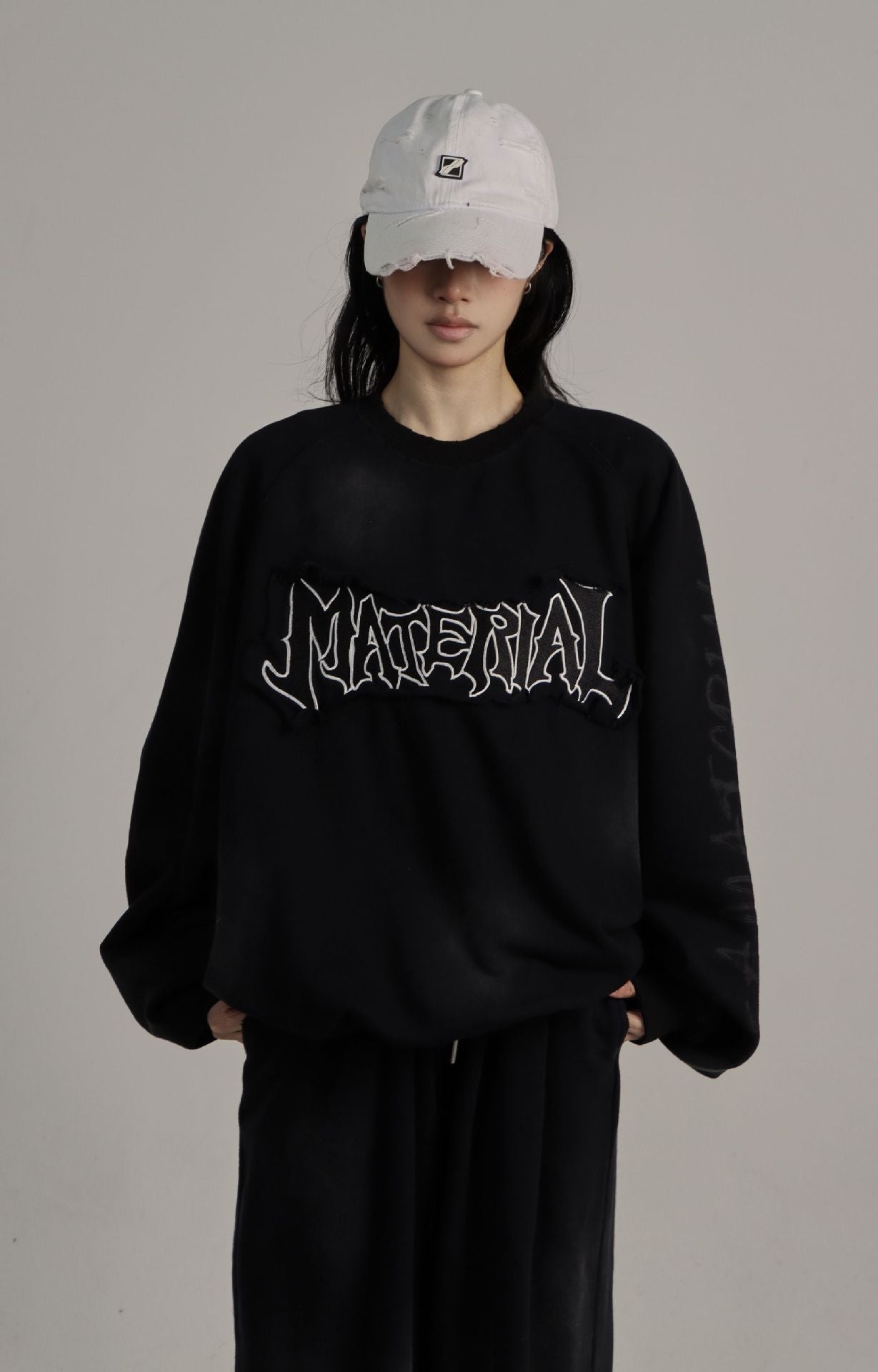 Men's Crew Neck Sweater Washed Distressed 'Material' Graphic Patch Sweatshirt